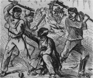Attacks by white rioters on African Americans occurred in many parts of the country. This is a contemporary depiction of the 1863 New York Draft  Riot that occurred four decades after Providence’s Hard Scrabble riot. Photo from authentichistory.com